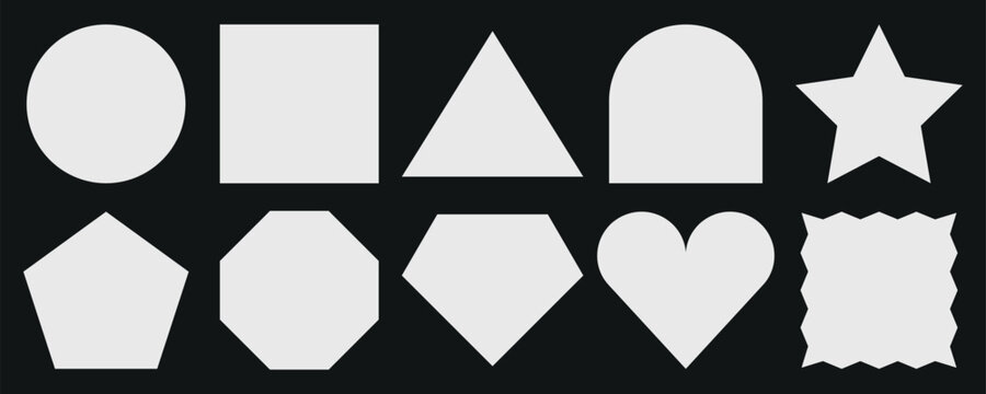Set of geometric shapes: circle, square, triangle, arch, star, pentagon, octagon, diamond, heart, and zigzag. Simple geometric shapes on a dark background. Memo element vector set.