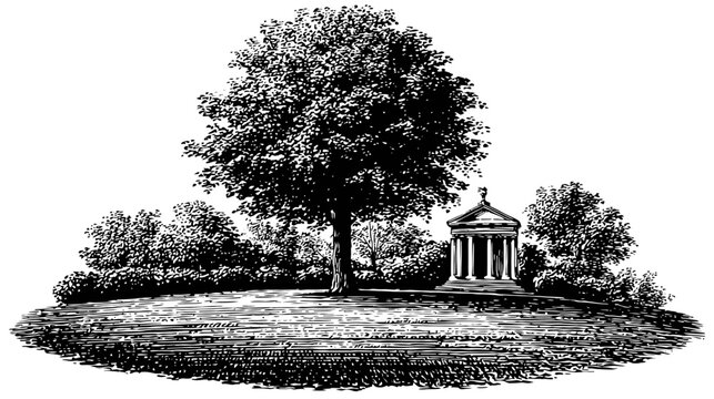Landscape etching shows a tree, bushes, a temple, on a knoll