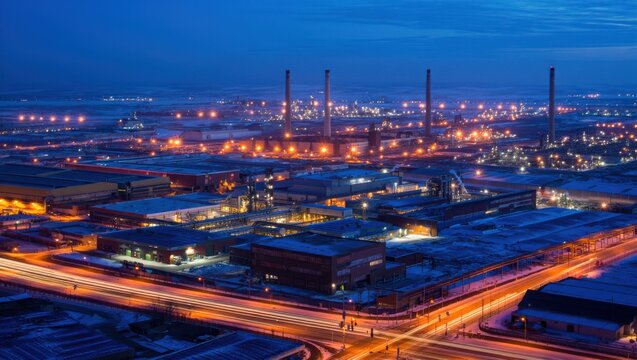 Aerial view of industrial cityscape at twilight with glowing lights and factories