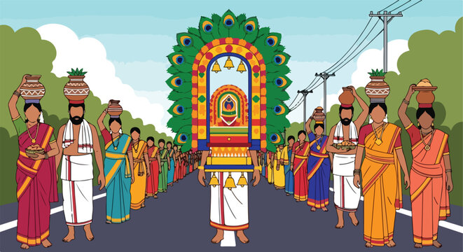 Vibrant flat illustration of a South Indian religious festival parade on a road