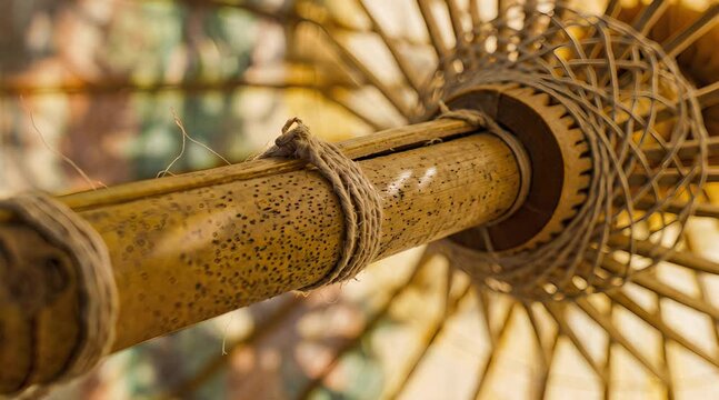 Close Up of a Beige Bamboo Parasol with Intricate Rope Fastenings and Delicate Details in Soft Natural Light