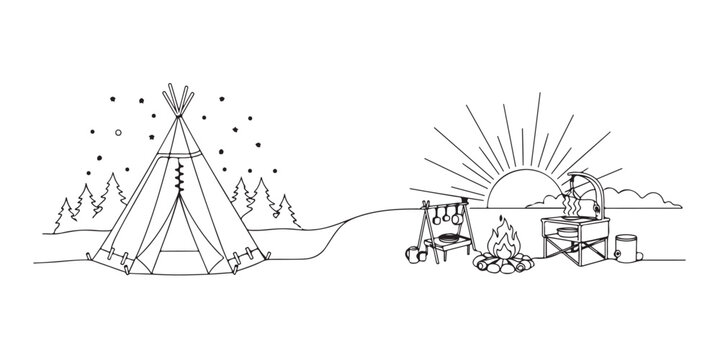 Continuous line art panorama of outdoor camping with teepee tent and campfire.