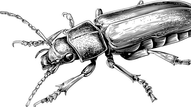 Detailed monochrome engraving of a beetle, showing fine line work and anatomical accuracy