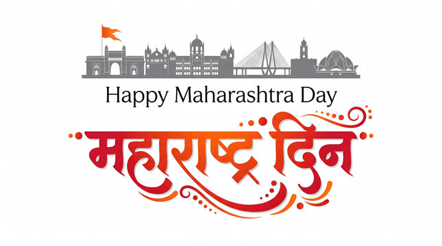 creative banner of Maharashtra Day Hindi Calligraphy with Maharashtra map vector and Shivaji Maharaj illustration