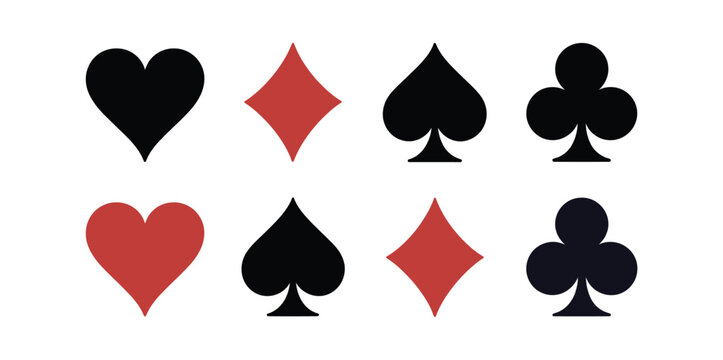 Playing card suit icons heart diamond spade club symbols vector casino poker game design illustration set