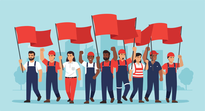 Diverse laborers march with red flags and raised fists during city protest rally