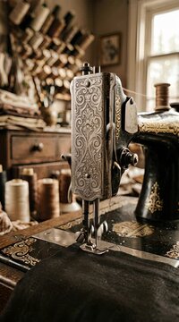 Close Up of Antique Black Sewing Machine on Wooden Table with Threads in Background by Window in Warm Light