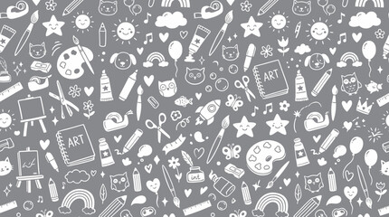 Hand-drawn seamless art supplies pattern in gray tones. © pixel*