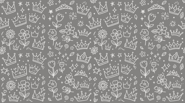 Seamless hand-drawn doodle pattern with crowns skulls hearts and stars on gray background.