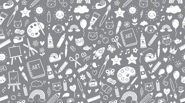 Hand-drawn seamless art supplies pattern in gray tones.