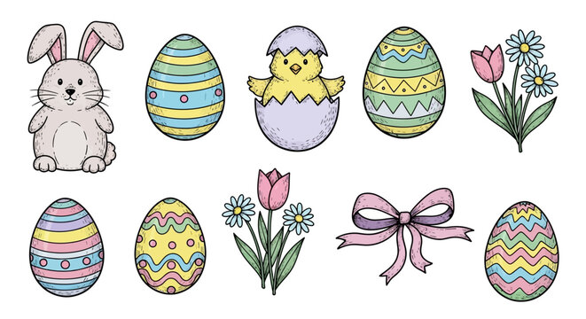 Easter bunny and chick surrounded by decorated eggs and spring flowers