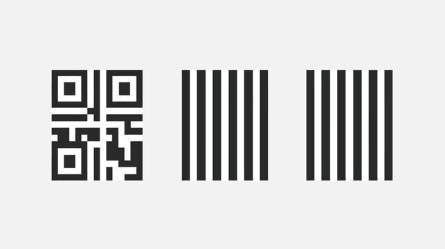 Three data symbols a QR code and two barcode representations on a light gray background