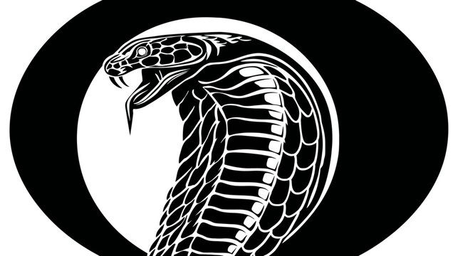 Dramatic cobra design in black and white, head poised, centered in a circle