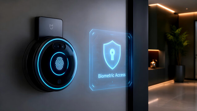 "Digital smart lock with circular glowing pad and holographic biometric access overlay, set in a minimalist high-tech environment."