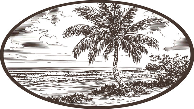 Detailed etching of a tropical beach scene featuring a palm tree, ocean, and foliage