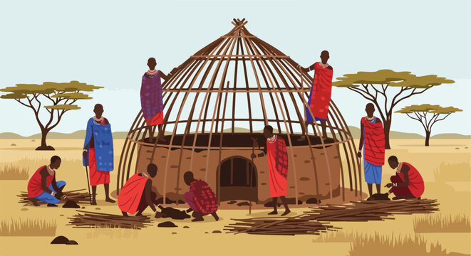 African Maasai tribe members constructing traditional hut in a savanna landscape