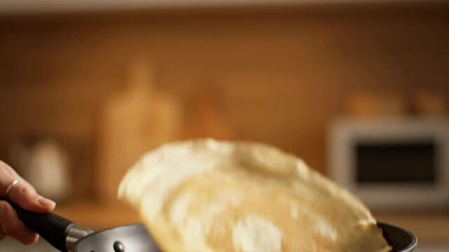 A crepe being flipped in a frying pan, showcasing delicious textures.