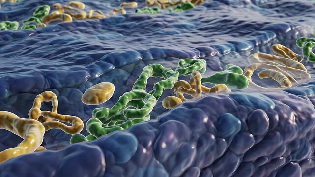 Microscopic View Of Fluid Mosaic Cell Membrane Structure With Protein Channels And Lipid Bilayer In Blue And Green Hues Under