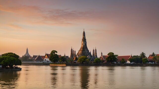 Templo budista hist&oacute;rico junto al r&iacute;o con reflejo sereno y cielo suave al atardecer