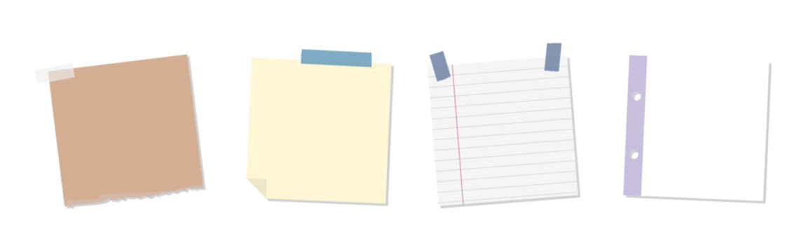 Illustration of four paper notes: brown sticky note, yellow sticky note, lined paper, and white notebook page. Sticky notes and paper for reminders and notes. Memo element vector set.