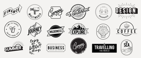 Obraz premium Set of vintage travel and adventure logos. Explore, wilderness, hiking, and sea themes. Creative designs for startup, nature, and travel enthusiasts. Logo element vector set.