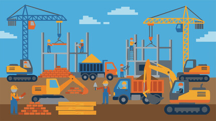Busy construction site with workers and heavy machinery in flat design © Mountain Top Studio