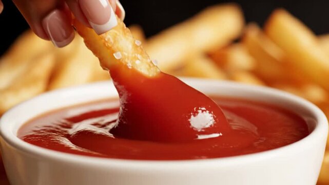 Dipping French Fry in Ketchup