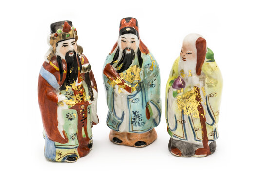Gods of the Chinese isolated on white background; , Prosperity (Lu,Lok), and Longevity (Shou,Siu), God of Fortune (Fu,Hok)
