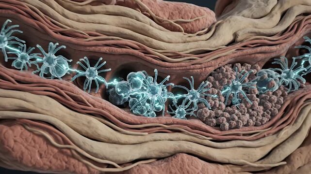 Microscopic view of healthy bone matrix with vibrant osteocytes and extracellular matrix layers showing cellular communication