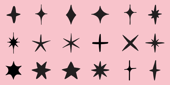 Various black star shapes on a pink background. Includes different star designs, star patterns, and star silhouettes. Star shapes are diverse and creative. Doodle star set.