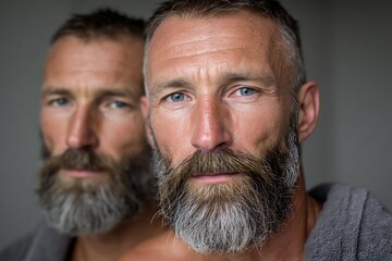 Fototapeta premium Portrait of a mature man with a thick grey beard before and after grooming or as twin concept