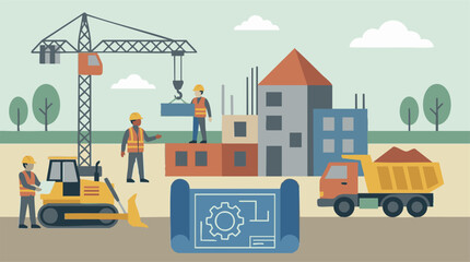 Naklejka premium Construction site with workers, heavy machinery, and buildings under development