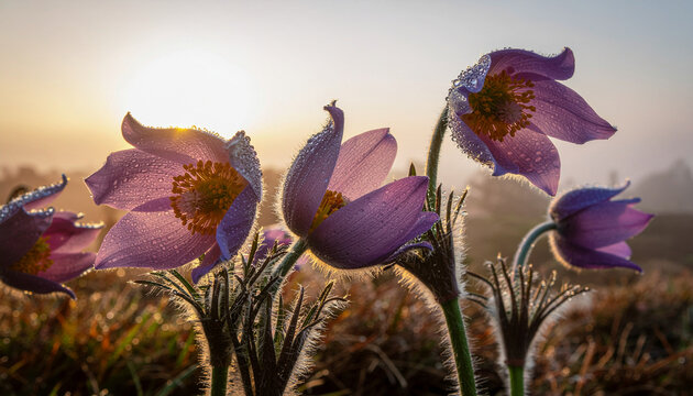 Purple pasque flowers with morning dew glowing at sunrise