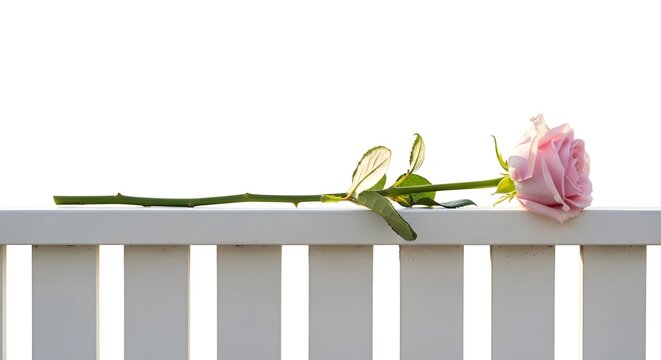 Single elegant rose on white wooden fence, minimal luxury aesthetic with soft morning sunlight and copy space