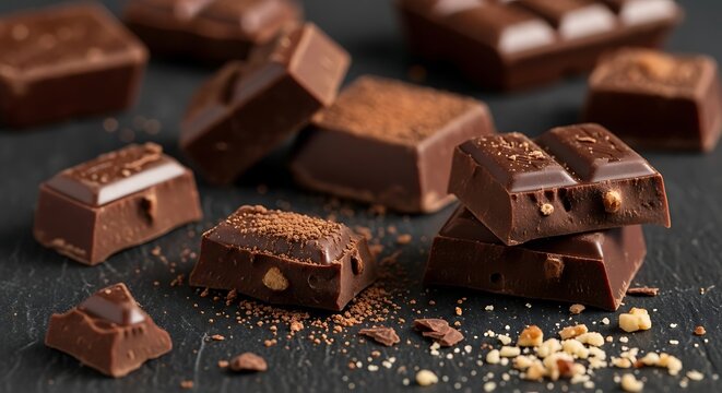 Delicious chocolate chunks scattered on dark surface with cocoa powder and crushed nuts sweet treats for snacking and baking