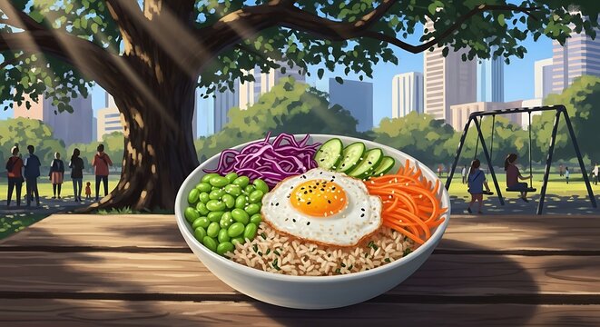 Delicious bowl of food in park.