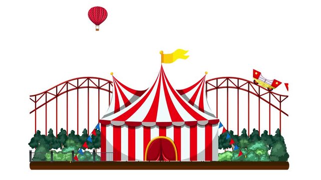 Animated circus tent with roller coaster and hot air balloons rising in bright park landscape.