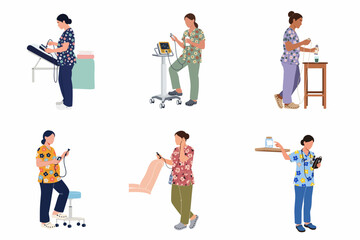 Collection of Female Healthcare Professionals in Floral Scrubs Operating Various Medical Diagnostic Equipment and Portable Monitoring Devices © Sugik