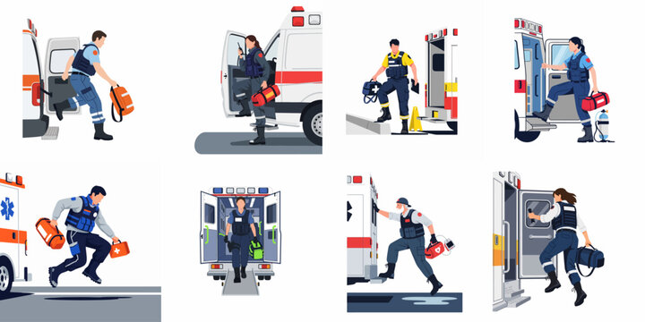 Collection of flat illustrations depicting male and female paramedics in action with ambulances and emergency medical equipment.