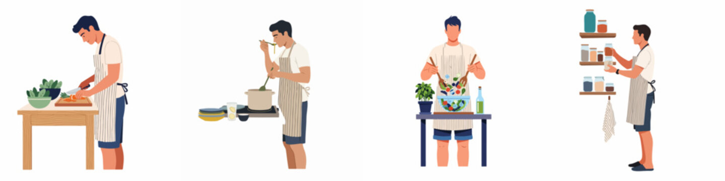 Set of flat illustrations showing a man in an apron engaged in various kitchen activities like cooking, chopping, tossing salad, and organizing the pantry.