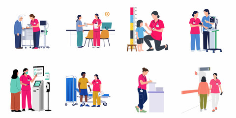 Fototapeta premium Set of flat illustrations depicting nurses and healthcare professionals assisting various patients in a modern hospital or clinic environment.