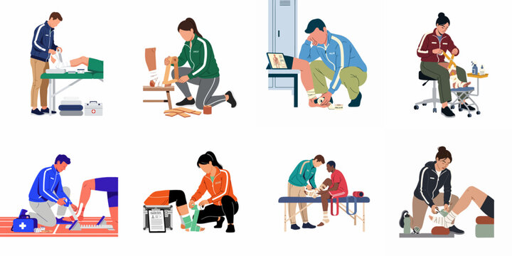 Illustrations of professional sports trainers and physiotherapists applying athletic tape and bandages to athletes for injury prevention, rehabilitation, and medical support.