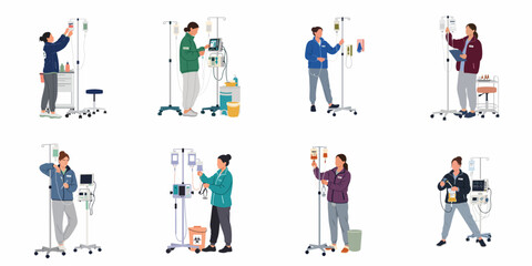 Collection of medical nurses and healthcare professionals managing IV drip stands and infusion pumps in a flat vector illustration style. © Sugik
