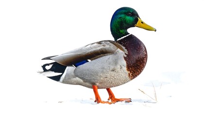 Obraz premium A mallard duck standing on a surface with white background