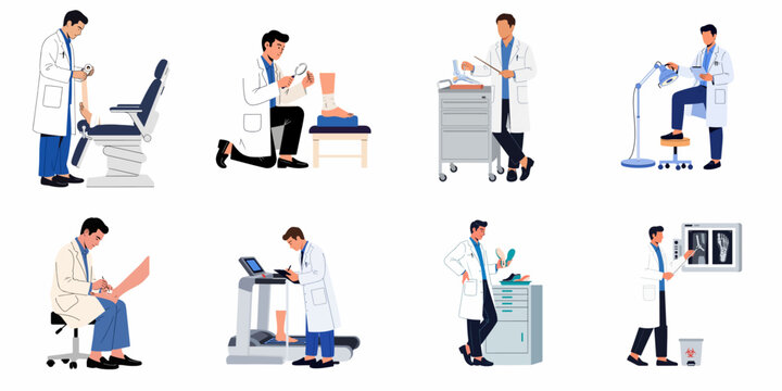 Set of professional podiatrist illustrations depicting various foot care procedures, medical examinations, and orthopedic treatments in a clinical environment.