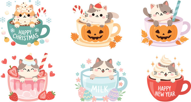Seasonal Cat and Cup Set with Holiday Themes for Christmas, Halloween, and New Year Celebrations, Vector Illustration