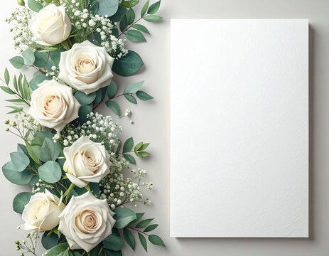 Set of Two Vertical Wedding Invitation Templates in a 1x2 Grid with Dense White Roses and Eucalyptus Border