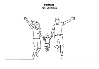 Continuous One Line Drawing of Happy Family Jumping Together. Minimalist Vector Illustration of Mother, Father, and Son Holding Hands and Having Fun. © yuli