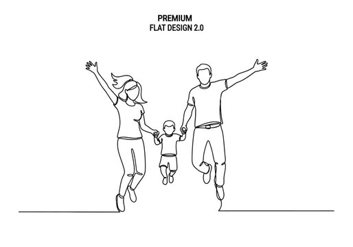 Continuous One Line Drawing of Happy Family Jumping Together. Minimalist Vector Illustration of Mother, Father, and Son Holding Hands and Having Fun.