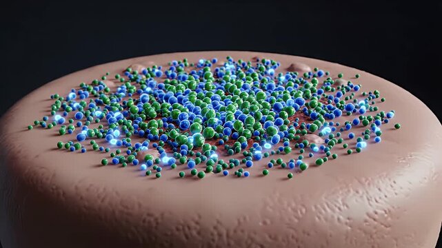 Microscopic View Of Probiotic Bacteria Colony Stabilizing Skin Sensitivity Cells With Blue Green Microparticles And Red Energy